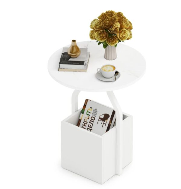 Modern Round Sofa Side Table with Storage Cuby - End Table White