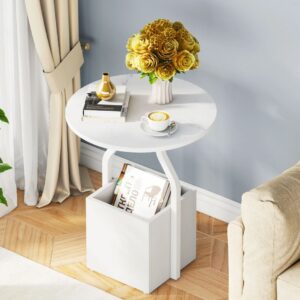 Modern Round Sofa Side Table with Storage Cuby – End Table White