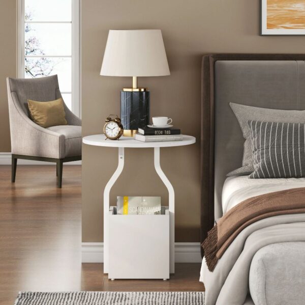 Modern Round Sofa Side Table with Storage Cuby - End Table White - Image 3