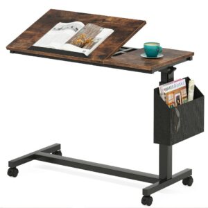 Adjustable C Shaped Sofa Snack Table with Wheels – Rustic Brown End Table