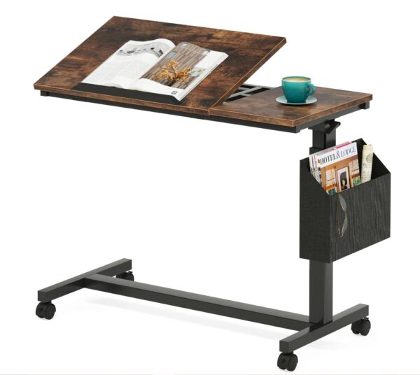 Adjustable C Shaped Sofa Snack Table with Wheels - Rustic Brown End Table