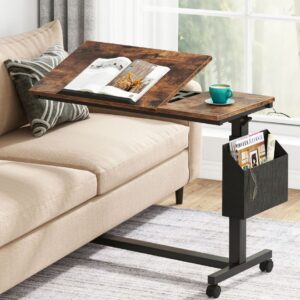 Adjustable C Shaped Sofa Snack Table with Wheels – Rustic Brown End Table