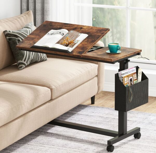 Adjustable C Shaped Sofa Snack Table with Wheels - Rustic Brown End Table - Image 2