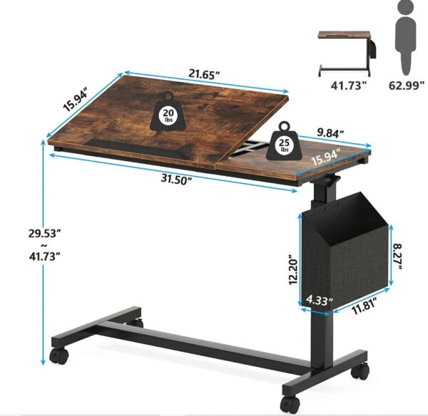 Adjustable C Shaped Sofa Snack Table with Wheels - Rustic Brown End Table - Image 4